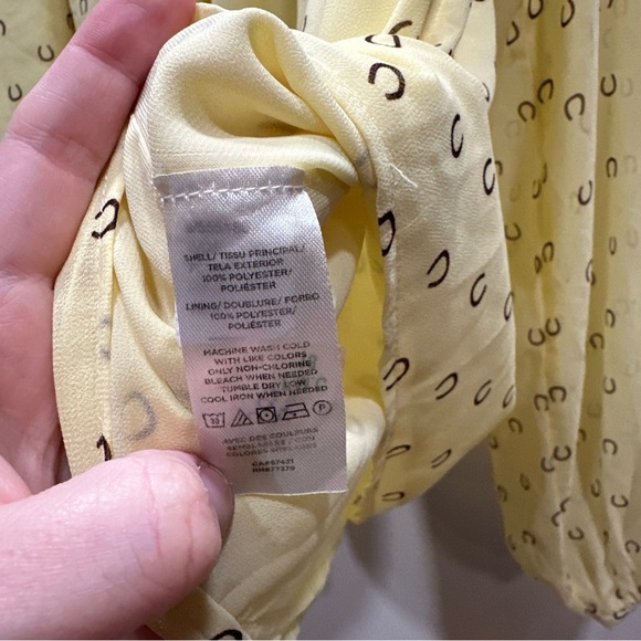 Ann Taylor Horseshoe V-Yoke Tie Neck Hidden Button Blouse Yellow S Equastrian - Picture 9 of 11